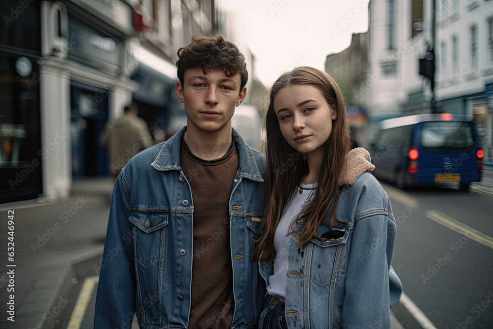 Young Couple of teenagers walking in City street, enjoying each others company. Generated Ai