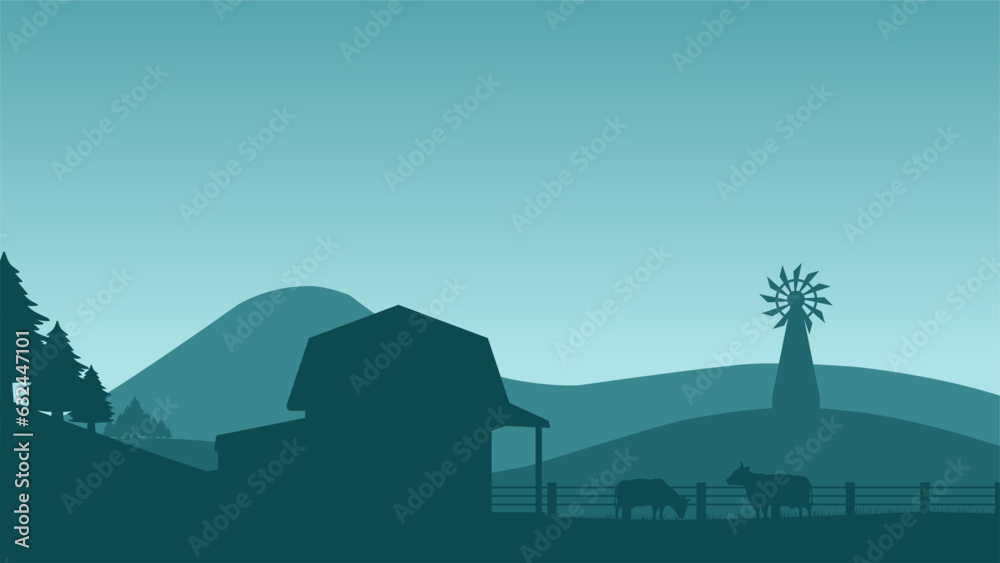 Countryside landscape vector illustration. Farm silhouette landscape ...