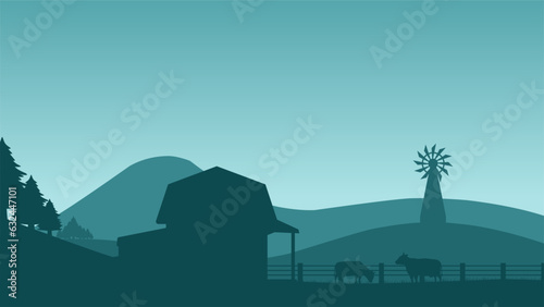 Countryside landscape vector illustration. Farm silhouette landscape with cow, barn, windmill and fence. Rural agriculture silhouette landscape for background, wallpaper, display or landing page