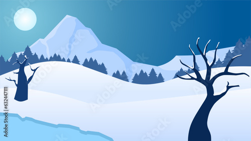 Winter landscape vector illustration. Winter background with frozen lake and dead tree. Silhouette of cold season landscape for background, wallpaper, display or landing page. Snow landscape with pine