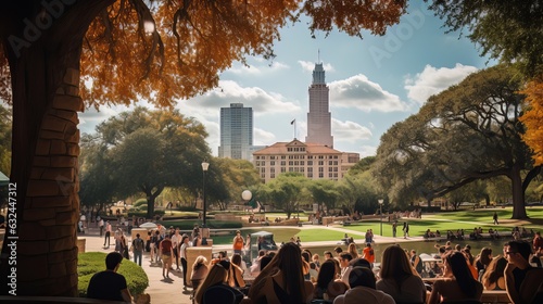 A group of students gathers under the iconic tower of the University of Texas at Austin photo