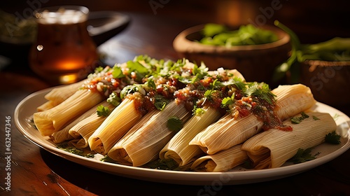a rustic wooden table is adorned with a delightful spread of tamales. The tamales are steaming hot photo