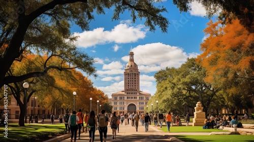 The iconic tower of the University of Texas at Austin stands tall against a clear blue sky photo