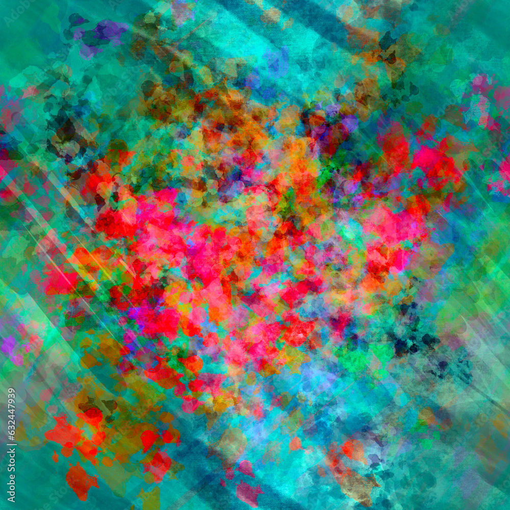 Bold vivid abstract painted layered pattern with mixed chaotic transparent blots, spots and smudges
