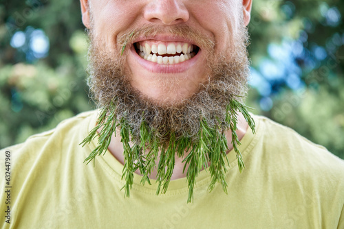 Smiling man beard and fragrant sprig of rosemary. Adult behaving childishly man in sunny meadow with excited expression on face up closeup photo