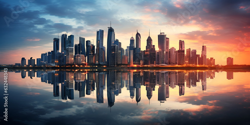  city skyline with a sunset reflecting in the water and a reflection of the sun in the water and the buildings in the background are all reflected in the water, and the city skyline. generative ai  © Sohail