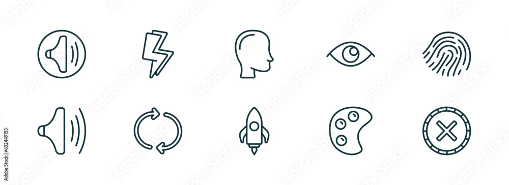 set of 10 linear icons from user interface concept. outline icons such as medium volume, lightining, head, rocket launch, paint, wrong vector set of 10 linear icons from user interface concept. outline icons such as medium volume, lightining, head, rocket launch, paint, wrong vector