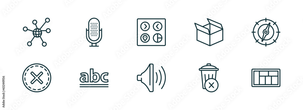 set of 10 linear icons from user interface concept. outline icons such as connectivity, mic, user ting interface, volume, remove, layout vector