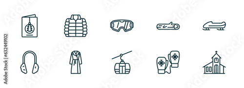 set of 10 linear icons from winter concept. outline icons such as christmas card, anorak vest, snow goggle, ski lift, mittens, chapel vector