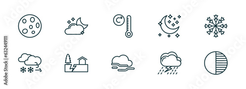 set of 10 linear icons from weather concept. outline icons such as full moon, cloudy night, degree, foggy, thunderstorm, first quarter vector