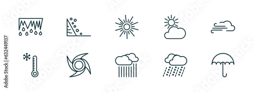 set of 10 linear icons from weather concept. outline icons such as thaw, fall, sunshine, downpour, sleet, umbrella vector