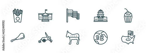 set of 10 linear icons from united states of america concept. outline icons such as french fries, white house, america, democrat, pacific ocean, united states vector