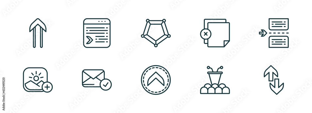 Fototapeta premium set of 10 linear icons from user interface concept. outline icons such as slim up, selective, pentagonal chart, up chevron, conference hall, up and down arrow vector