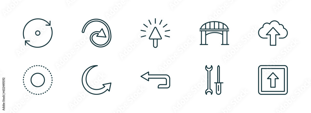 set of 10 linear icons from user interface concept. outline icons such as refresh arrows, curve line, mouse clicker, return left arrow, mechanic tool, key up vector set of 10 linear icons from user interface concept. outline icons such as refresh arrows, curve line, mouse clicker, return left arrow, mechanic tool, key up vector