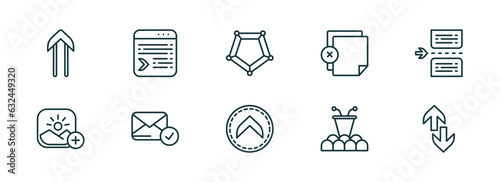 set of 10 linear icons from user interface concept. outline icons such as slim up, selective, pentagonal chart, up chevron, conference hall, up and down arrow vector