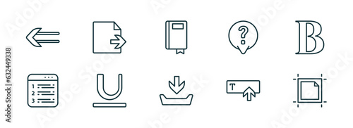 set of 10 linear icons from user interface concept. outline icons such as slim left, export archive, ribbon from a book, file inbox, text in, artboard vector