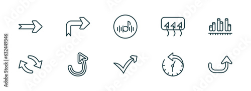 set of 10 linear icons from user interface collection. concept. outline icons such as curved right arrow, right arrow with turn, musical, check mark arrow, circular clock, curved up vector