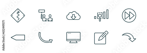 set of 10 linear icons from user interface concept. outline icons such as curvy road warning, industrial action, download data, display, make, curve arrow vector