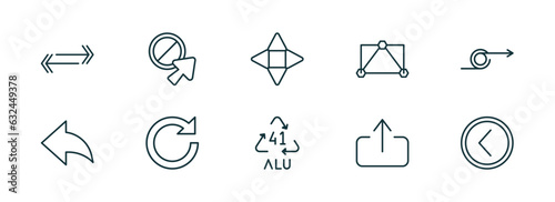 set of 10 linear icons from user interface concept. outline icons such as double arrows, forbidden cursor, navigation arrows, 41 alu, export button, round left button vector