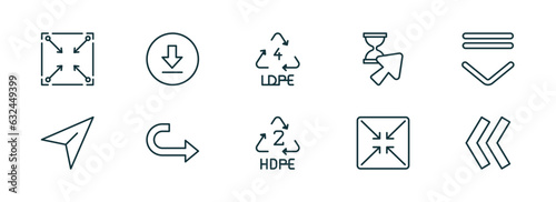 set of 10 linear icons from user interface concept. outline icons such as corner widget, downloading, 4 ldpe, hdpe 2, exit full screen arrows, two left arrows vector
