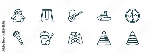 set of 10 linear icons from toys concept. outline icons such as penguin toy, swing toy, guitar toy, gamepad circle pyramid vector