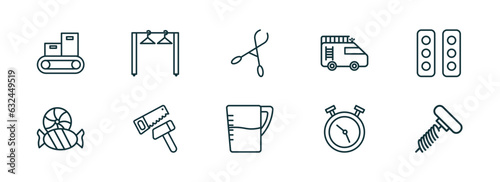set of 10 linear icons from tools and utensils concept. outline icons such as packing hine, clothes rack, forceps, pitcher with levels, timer round clock, auger vector