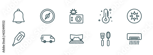 set of 10 linear icons from tools and utensils concept. outline icons such as hanging bell, cardinal, camera with flash, hole puncher, kitchen tools, air conditioning vector