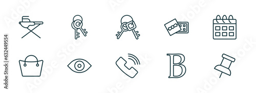 set of 10 linear icons from tools and utensils concept. outline icons such as iron table, key ring, key ring with two keys, ringing, bold, school push pin vector