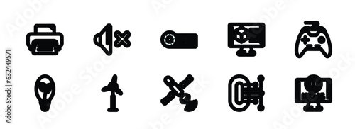 set of 10 linear icons from technology concept. outline icons such as printer tool, no audio, horizontal film strip, satellite transmission, zero, world news vector