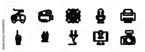 set of 10 linear icons from technology concept. outline icons such as sega gamepad, cinema projector, computer microprocessor, power plug, holiday, cam with big len vector