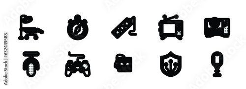 set of 10 linear icons from technology concept. outline icons such as operating table, navigation compass, tee power, 3d printers, shields, vintage mic vector