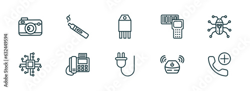 set of 10 linear icons from technology concept. outline icons such as vintage digital camera, electronic cigarette, transistor, basic plug, wireless gadget, add call vector
