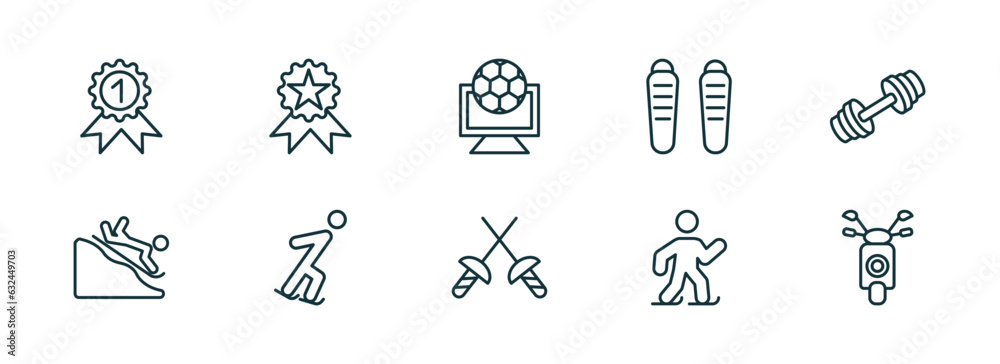 Fototapeta premium set of 10 linear icons from sports concept. outline icons such as golden medal, awards, football channel, medieval fencing, ice skating man, motor sports vector