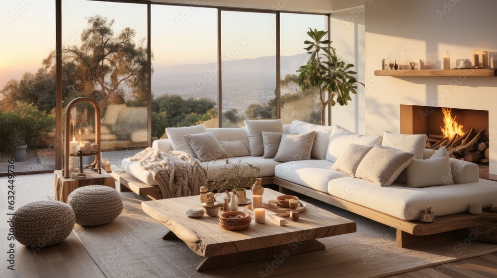 Obraz premium Interior design of cozy living room with stylish sofa, coffee table, flowers in imitation vases, posters, decorative carpets, plaid pillows and personal accessories in modern home decor templates.