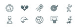 set of 10 linear icons from sports concept. outline icons such as third, tennis game, home run, volleyball ball, basketball basket, boy with skatingboard vector