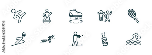 set of 10 linear icons from sports concept. outline icons such as taekwondo, skating, flying shoes, biathlon, drift car, swimming figure vector