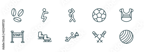 set of 10 linear icons from sports concept. outline icons such as brazilian, squat, aerobics, waiter falling, ski poles, gym ball vector