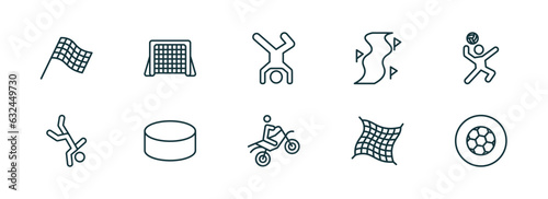 set of 10 linear icons from sports concept. outline icons such as chequered flag, hockey goal, breakdance, motocross, fishing net, football ball circular vector