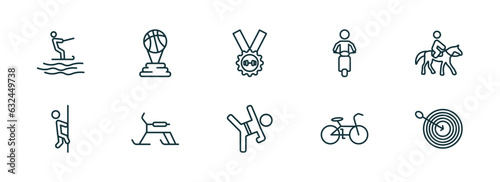 set of 10 linear icons from sports concept. outline icons such as jet surfing, basketball champion, weight lifting medal, wushu, race bike, dartboard with dart vector