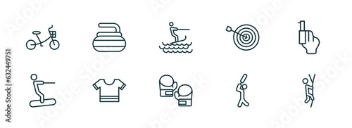 set of 10 linear icons from sports concept. outline icons such as bicycle for children, curling, surf sea, boxing gloves, bats man, climbing with rope vector