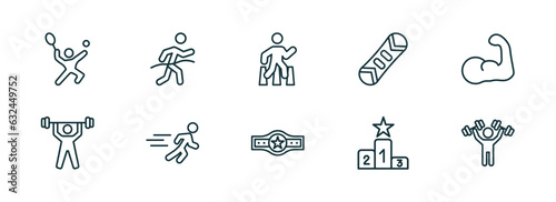 set of 10 linear icons from sports concept. outline icons such as man playing tennis, marathon champion, pedestrian walking, boxer with belt, podium, man lifting weight vector
