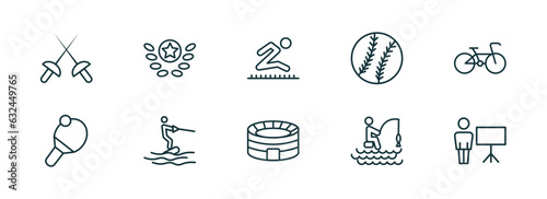 set of 10 linear icons from sport concept. outline icons such as fencing, award, long jump, estadio, fishing man, training vector