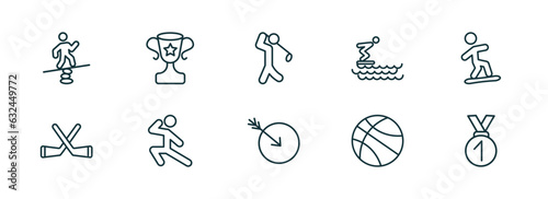 set of 10 linear icons from sports concept. outline icons such as man balancing  sport trophy  golf player  ball arrow  basketball  medal with number 1 vector