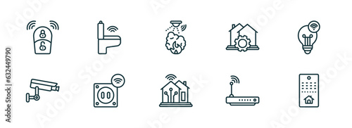 set of 10 linear icons from smart home concept. outline icons such as smart key, smart toilet, fire alarm, home devices, home console vector