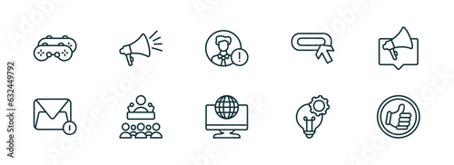 set of 10 linear icons from social media marketing concept. outline icons such as recreational, ads, user warning, digital marketing, development, quit a social like vector