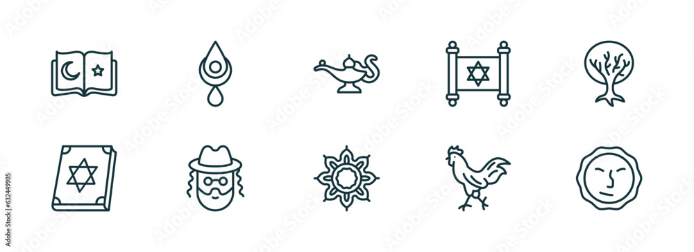 set of 10 linear icons from religion concept. outline icons such as koran, bindi, genie lamp, arabic art, chicken, induence vector