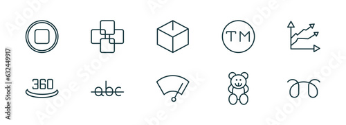 set of 10 linear icons from shapes concept. outline icons such as round stop button, four squares, blank cube, winshield wiper, toys, glowplug vector photo