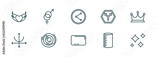 set of 10 linear icons from shapes concept. outline icons such as devil heart with wings, male and female, net contents, rounded rectangle, cylinder volumetric, morning star vector