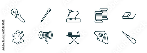 set of 10 linear icons from sew concept. outline icons such as tracing wheel, pin sew, stiching, ironing board, chalk, awl vector