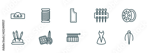 set of 10 linear icons from sew concept. outline icons such as buttonhole, thread, material, handloom, clothing, needles vector